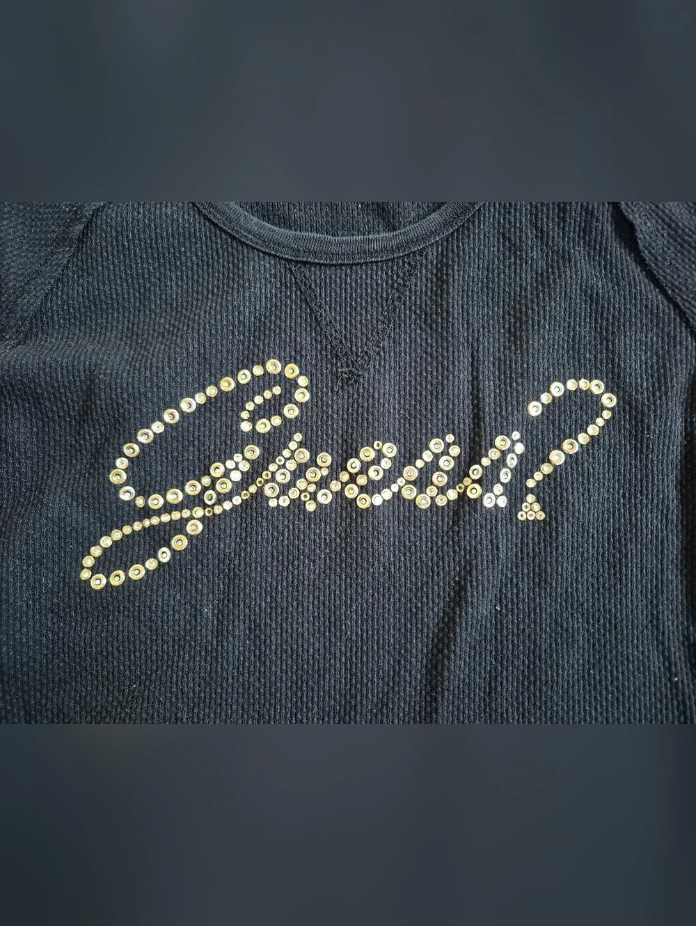 Guess? Black Long-Sleeve Textured Thermal Waffle Top w/ Silver Rhinestones Sz S - Picture 2 of 4